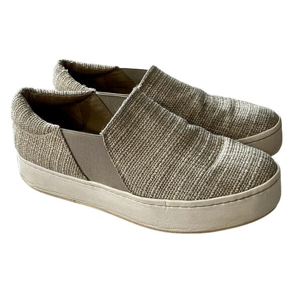 Vince Warren Platform Slip On Sneakers SZ 7.5 Natural Ecru Linen Leather Shoes - Picture 2 of 9